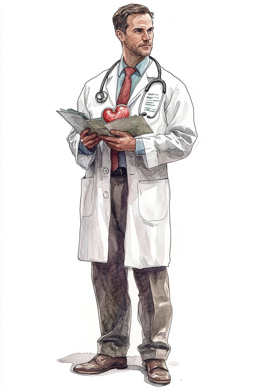 Médico cardiologista caucasiano em jaleco branco segurando coração e prontuário