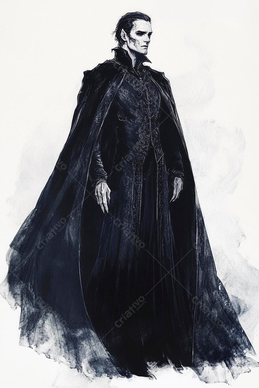 Homem vampiro com capa preta em estilo gótico e sombrio