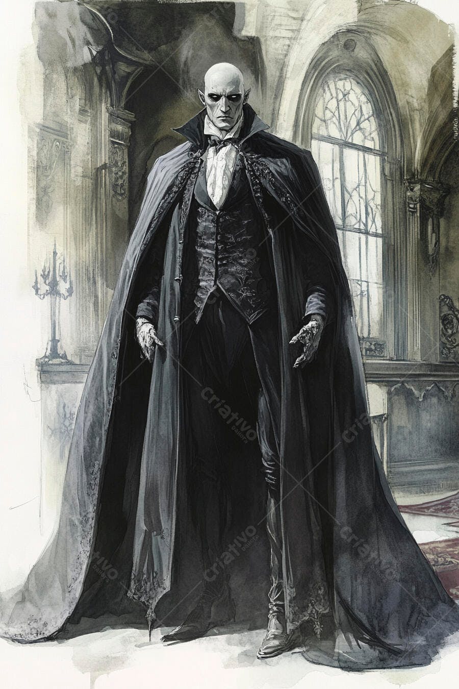 Vampiro careca pálido em capa preta dentro de castelo gótico sombrio