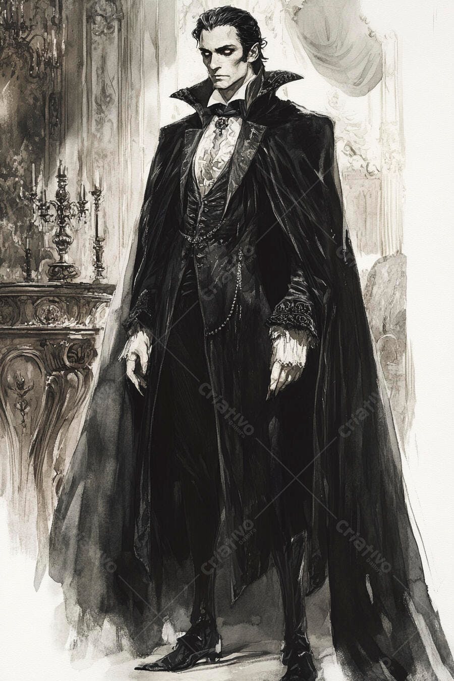 Vampiro elegante de capa preta em castelo gótico sombrio