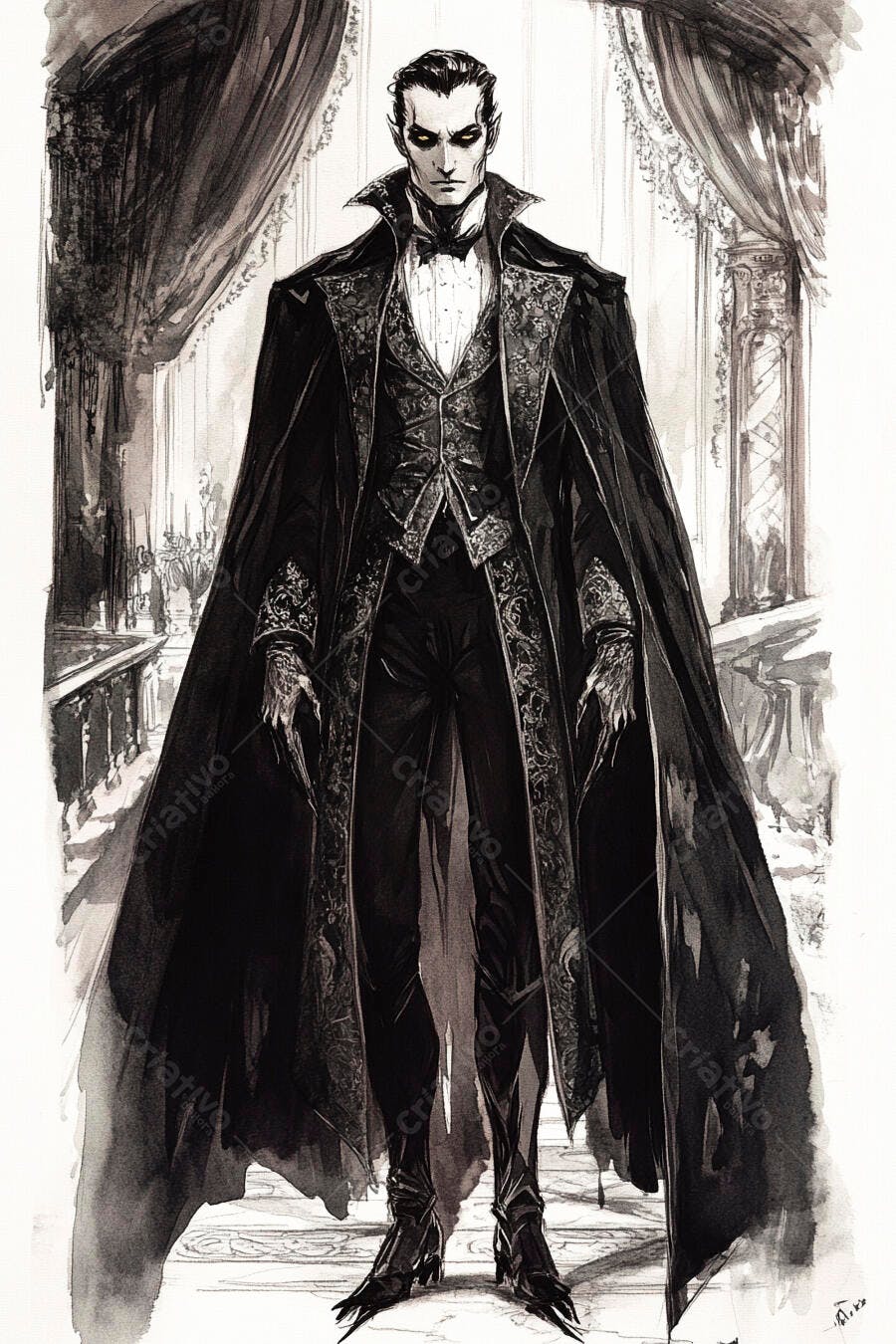 Vampiro elegante em traje gótico preto com longa capa em mansão escura