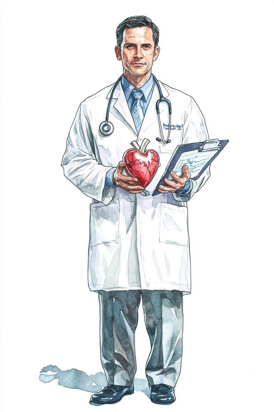 Ilustração médico caucasiano com jaleco branco segurando coração vermelho e prontuário