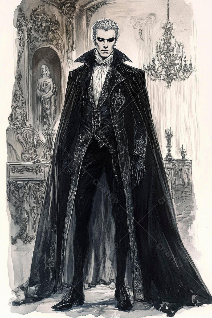 Homem vampiro elegante de casaco preto em salão gótico com candelabro