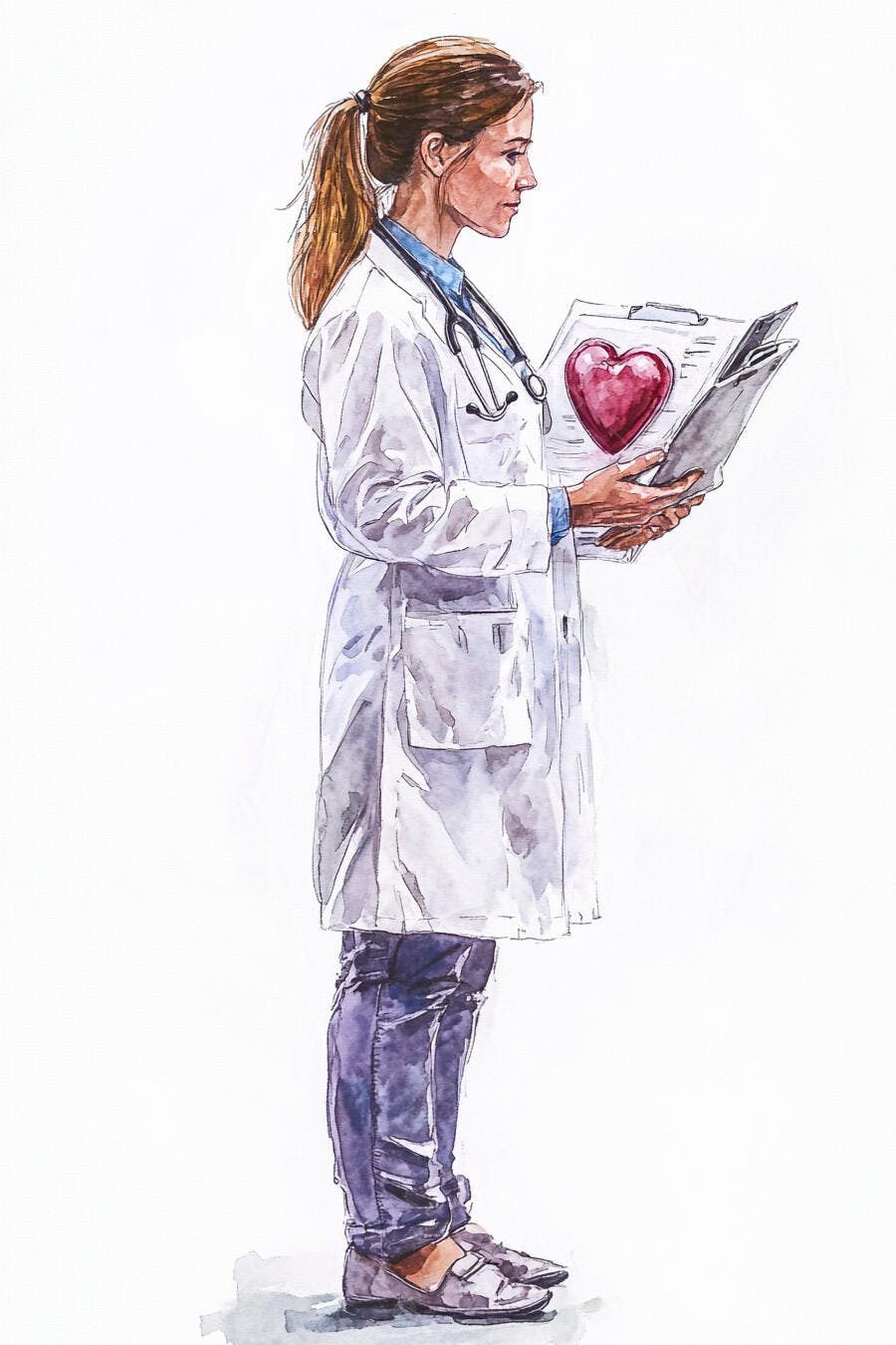 Mulher médica examina ficha com símbolo de coração em aquarela
