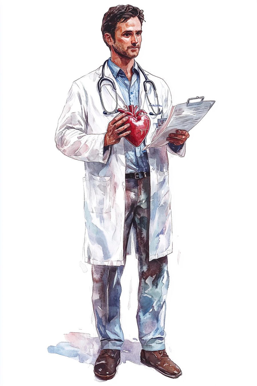 Médico caucasiano com estetoscópio segurando coração anatômico e prancheta ilustração