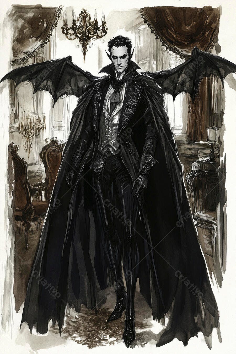 Vampiro gótico de terno preto e asas de morcego em mansão vitoriana escura
