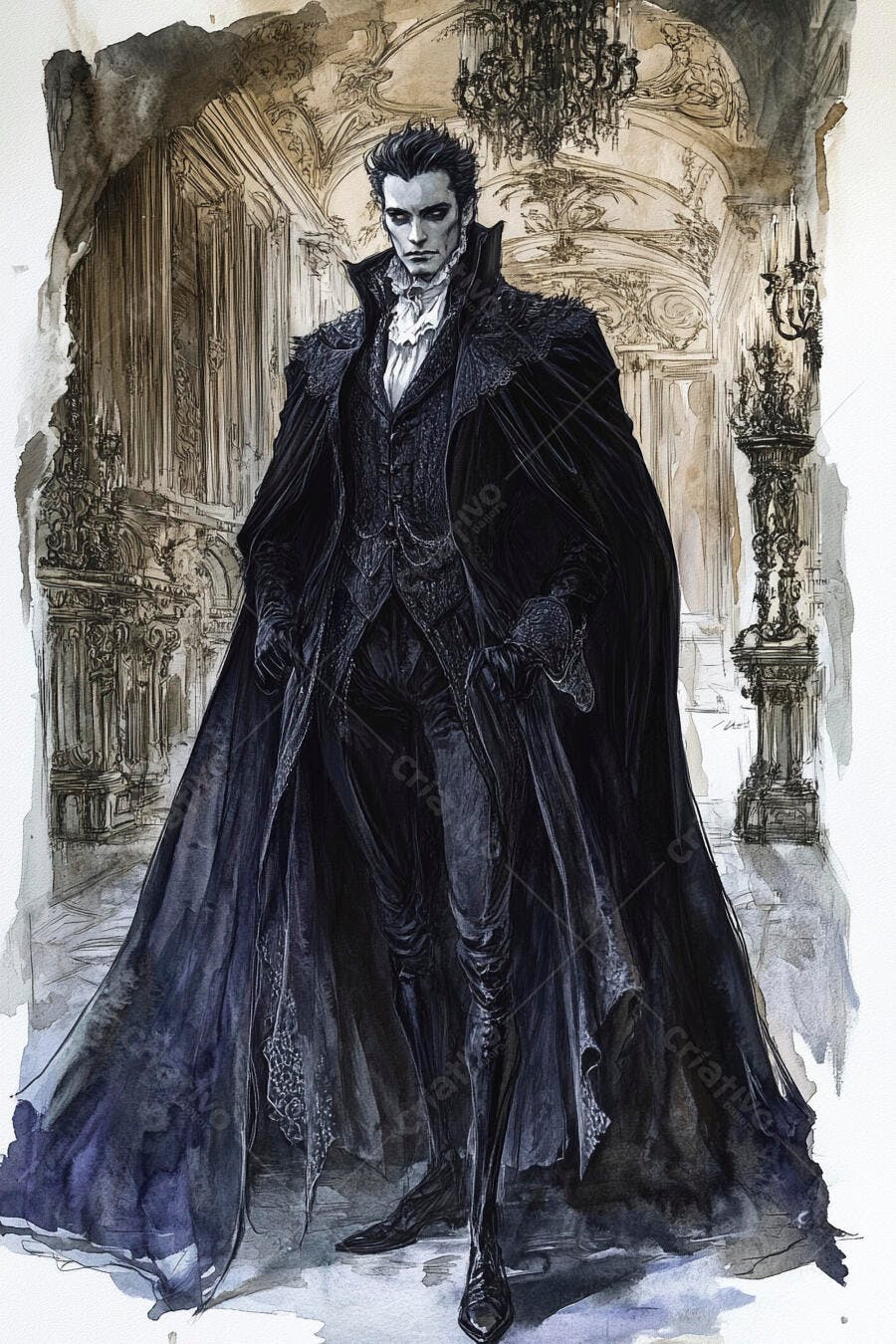 Vampiro aristocrata em traje gótico preto com capa em salão antigo