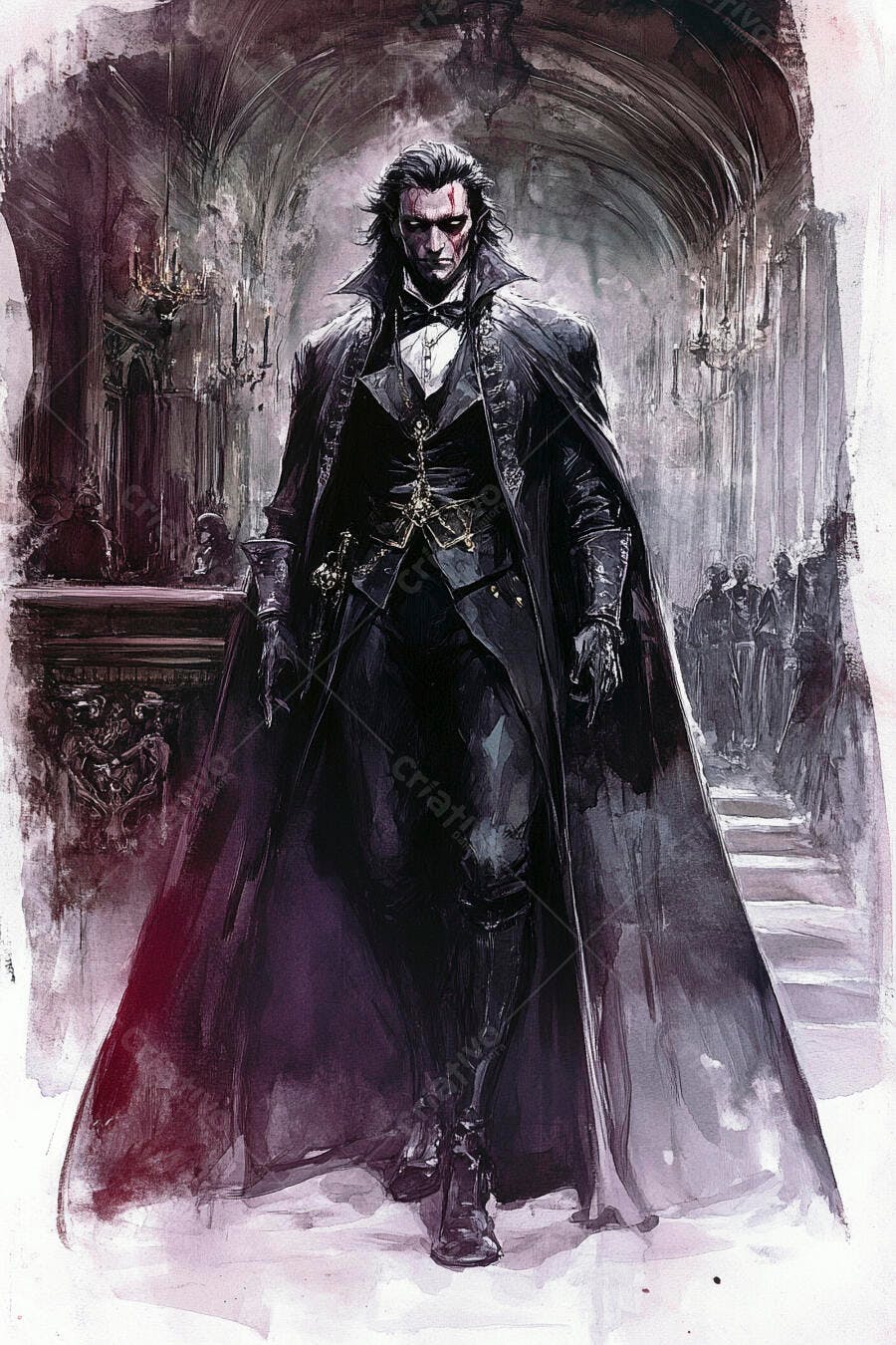 Homem vampiro gótico de capa preta em salão de castelo sombrio arte digital