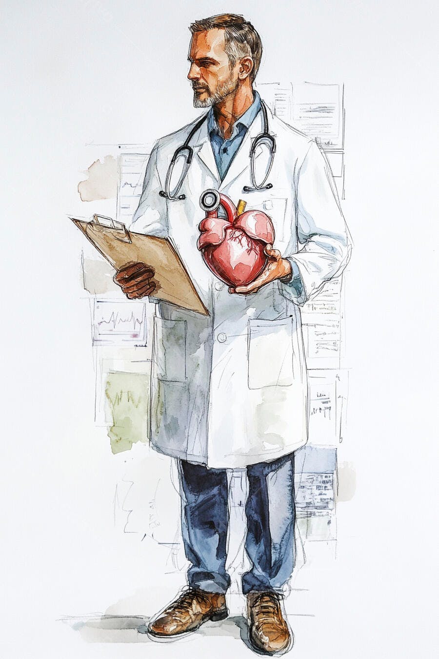 Médico cardiologista homem com barba segurando coração em aquarela
