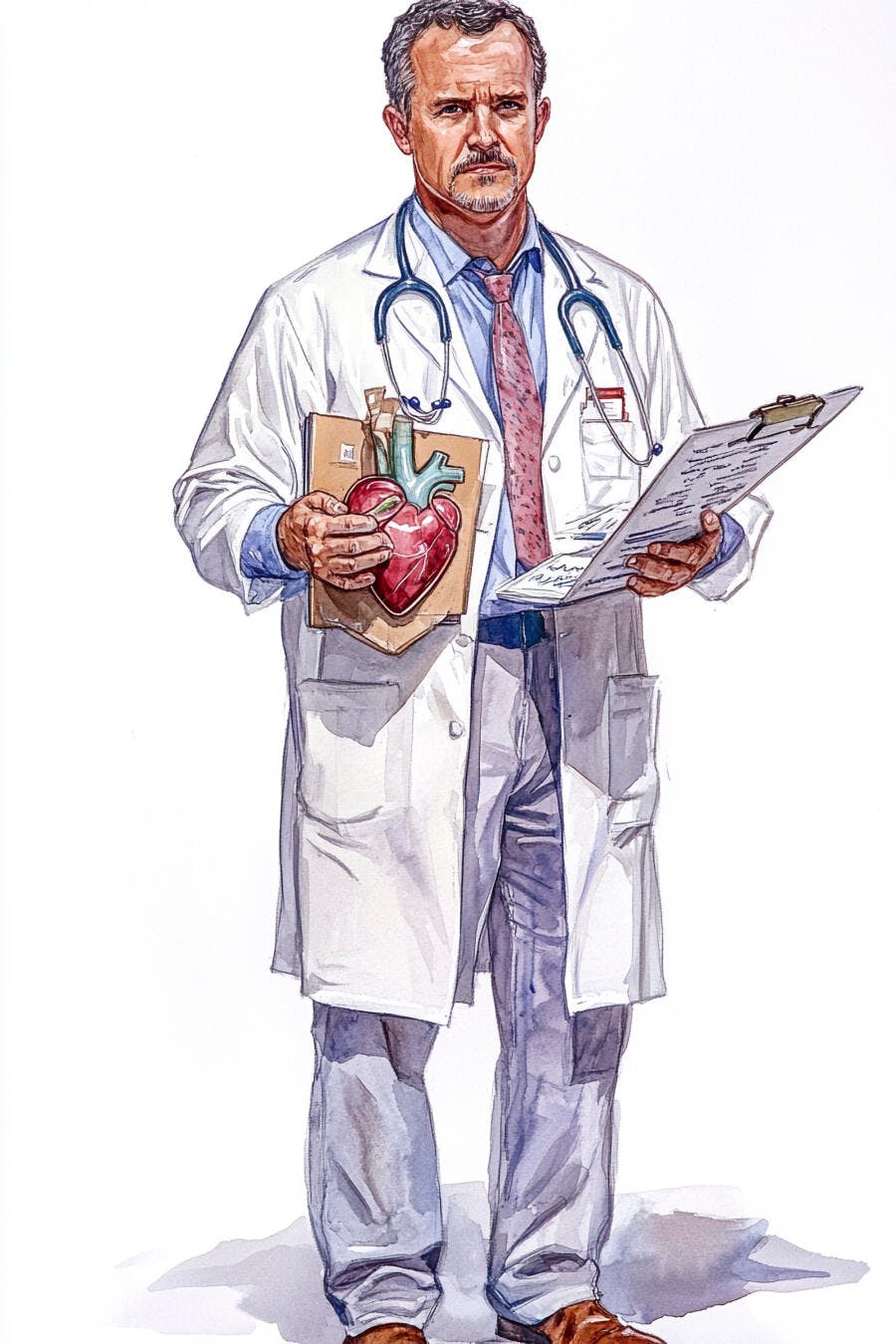 Médico de jaleco branco com coração anatômico e estetoscópio em aquarela