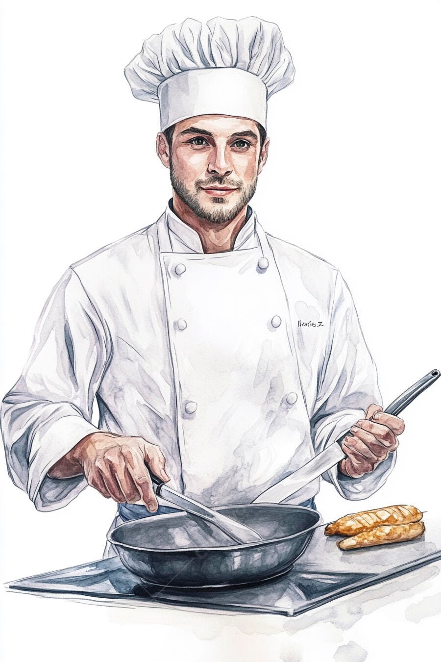 Chef homem caucasiano cozinhando com espátula frigideira e pão fresco