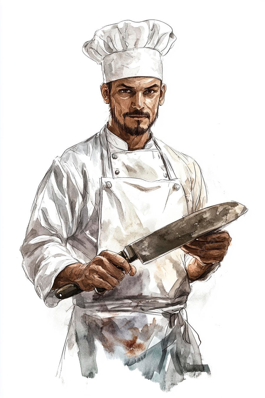 Chef de cozinha masculino de barba com faca em aquarela