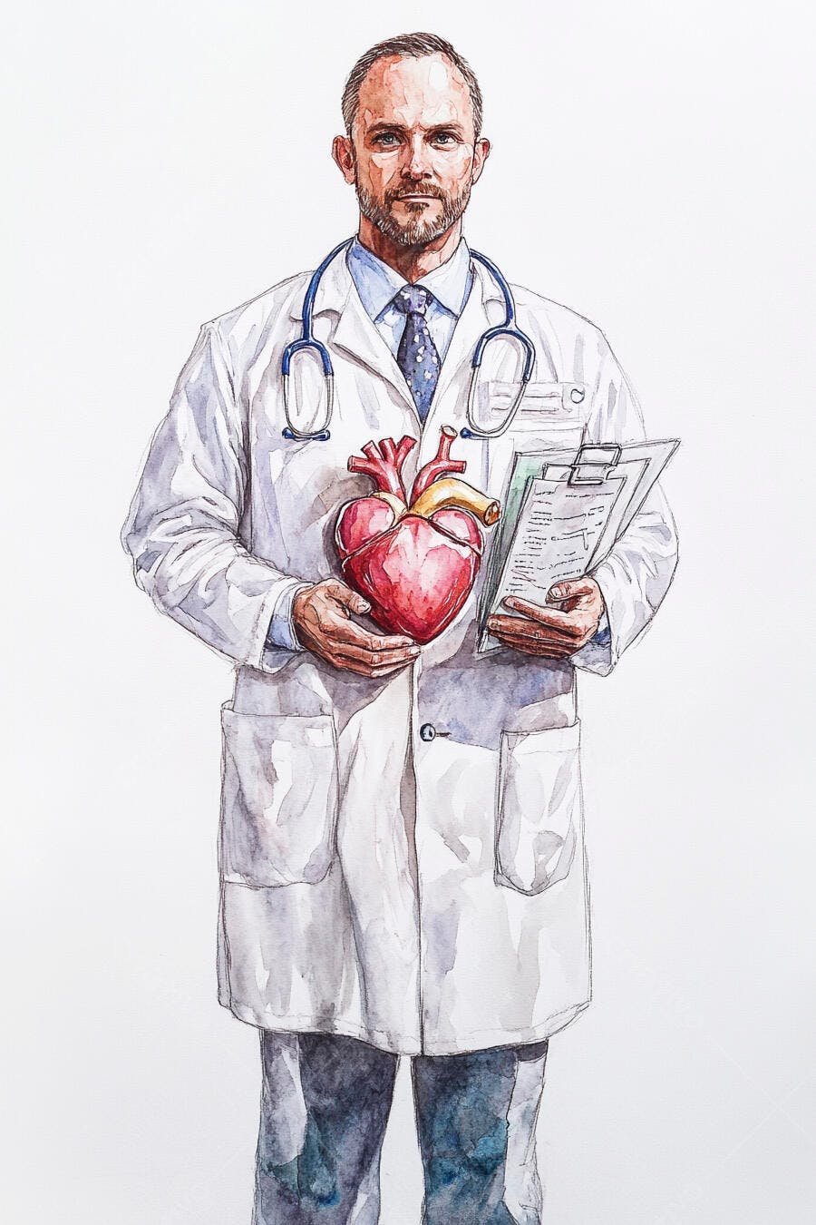 Doutor segurando coração e prontuário em ilustração aquarela