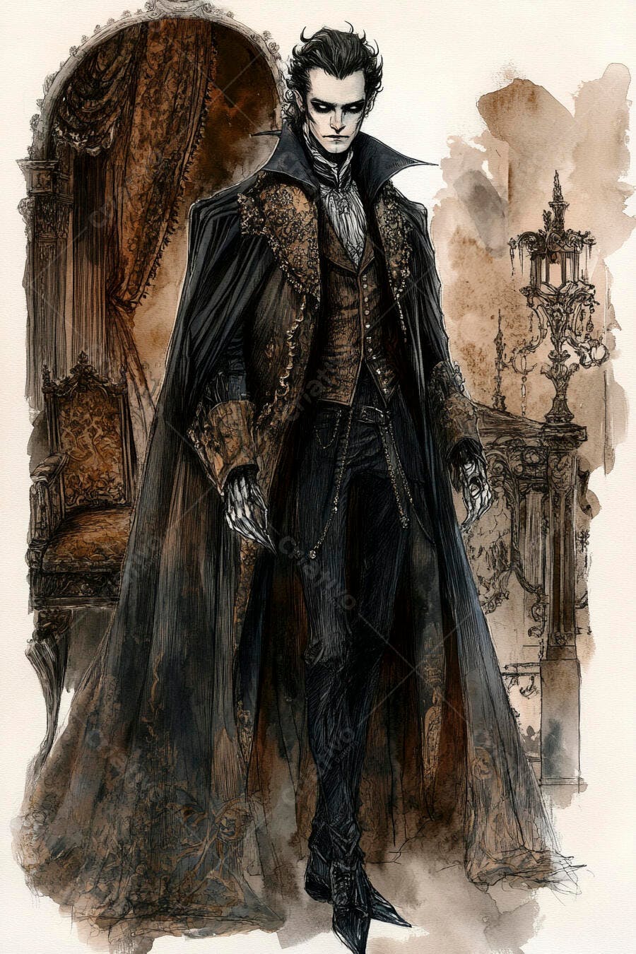 Vampiro misterioso em traje gótico preto dourado dentro de mansão antiga e sombria