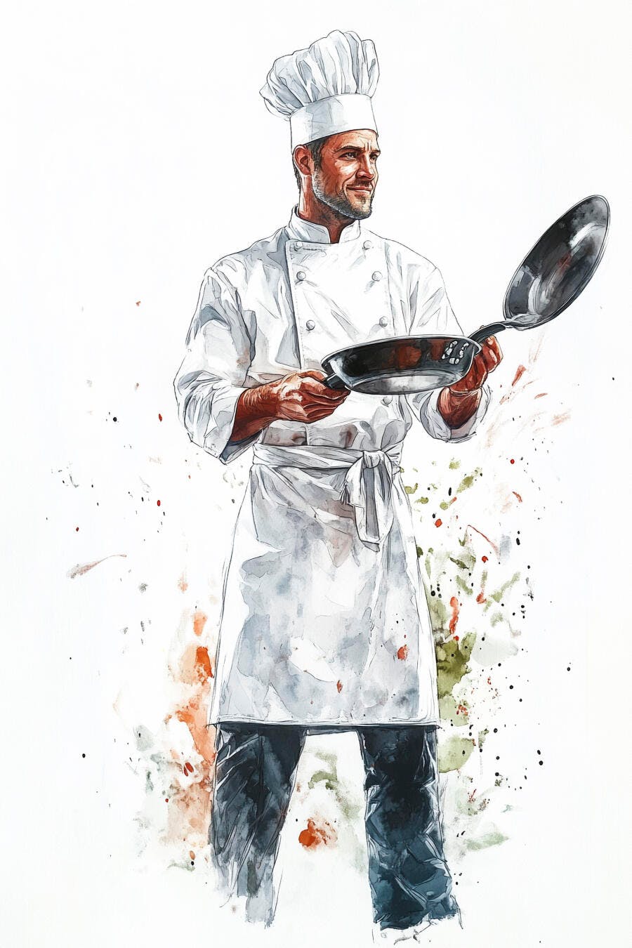 Chef sorridente com panela roupa branca ilustração aquarela