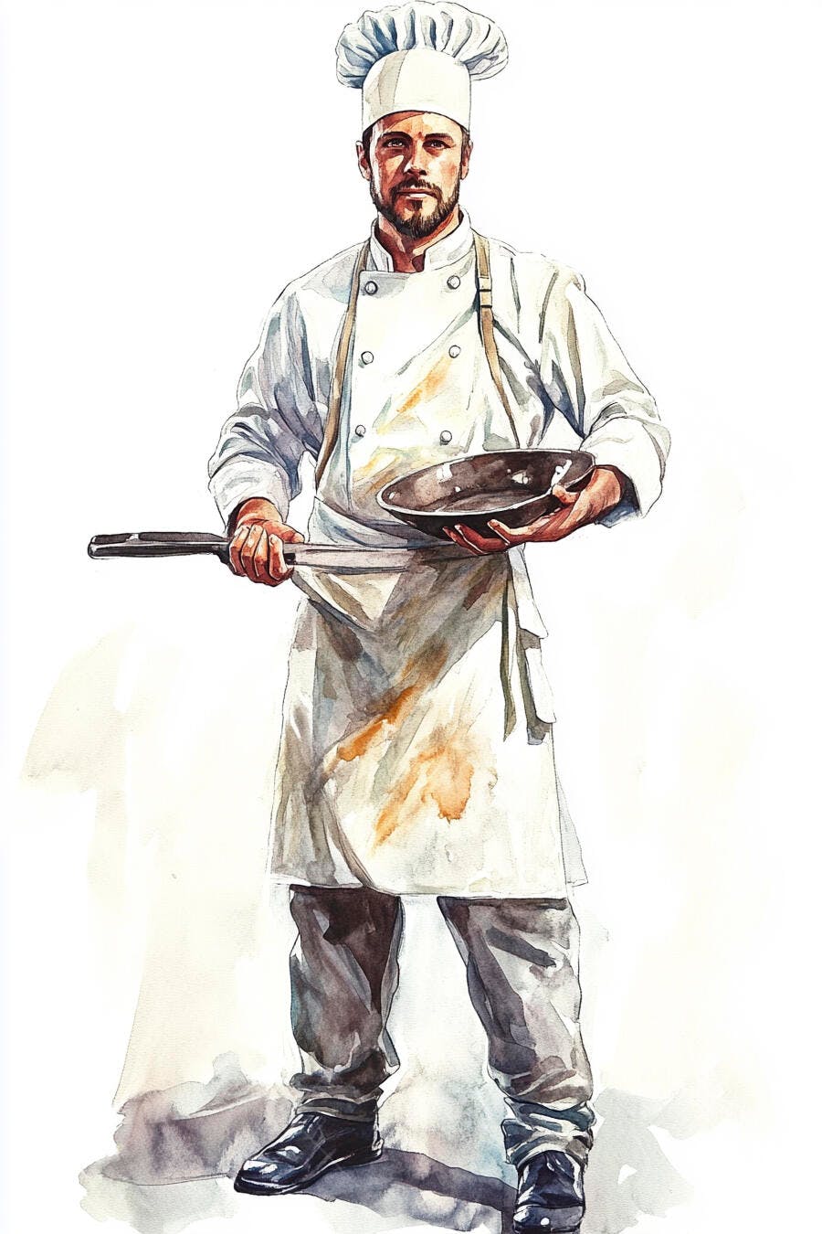 Chef homem caucasiano barbudo em uniforme branco com frigideira