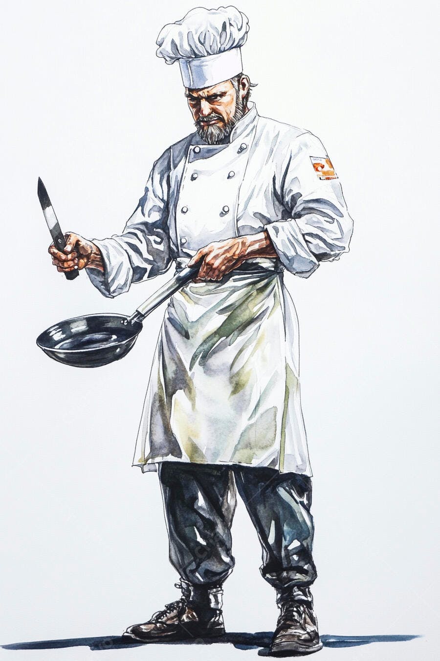 Chef homem sério barbudo com uniforme branco segurando faca e frigideira