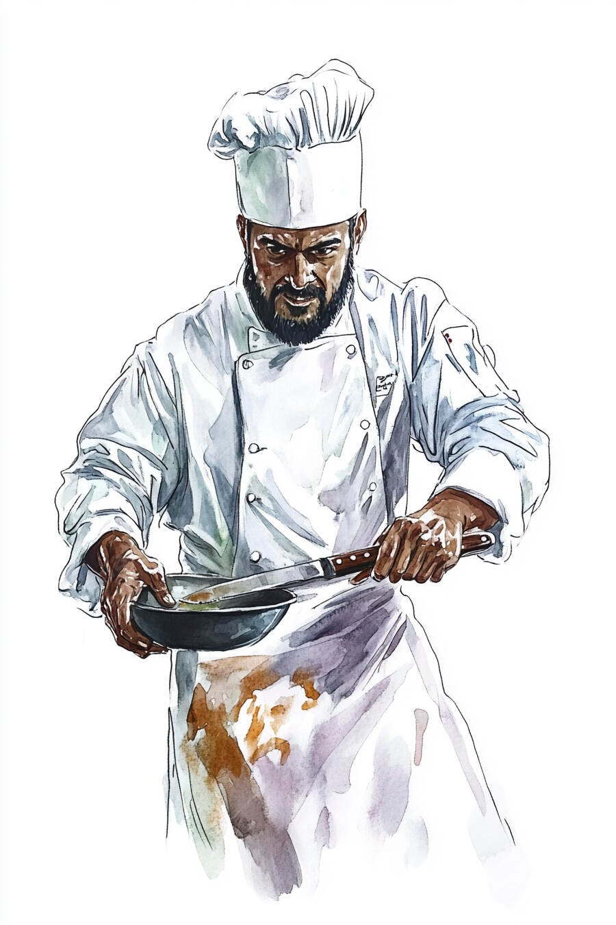 Chef de cozinha homem barbudo pele escura cozinhando com panela e faca ilustração aquarela