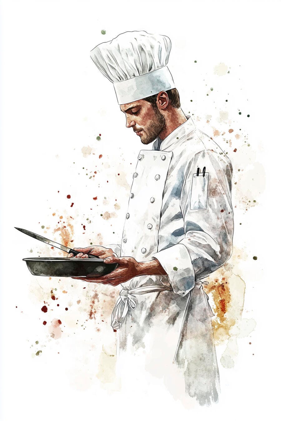 Chef homem barbudo em branco segurando panela e faca ilustração aquarela