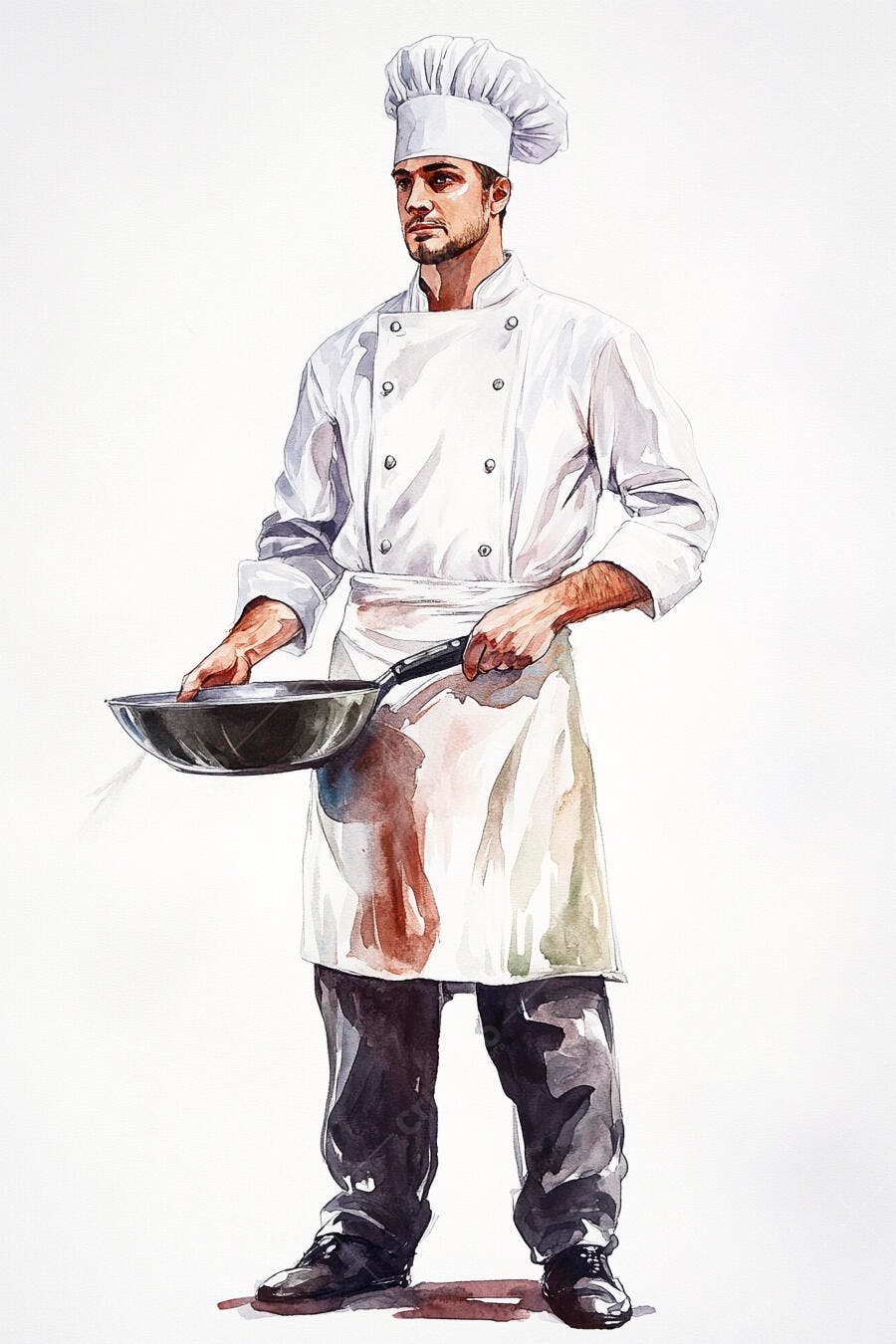 Chef masculino caucasiano de branco segurando uma frigideira em aquarela