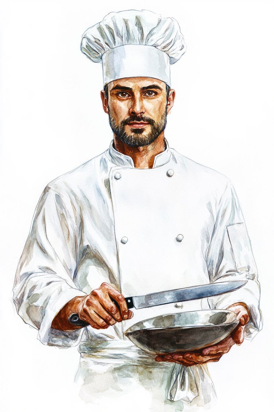 Chef profissional de barba segurando faca e tigela em estúdio branco