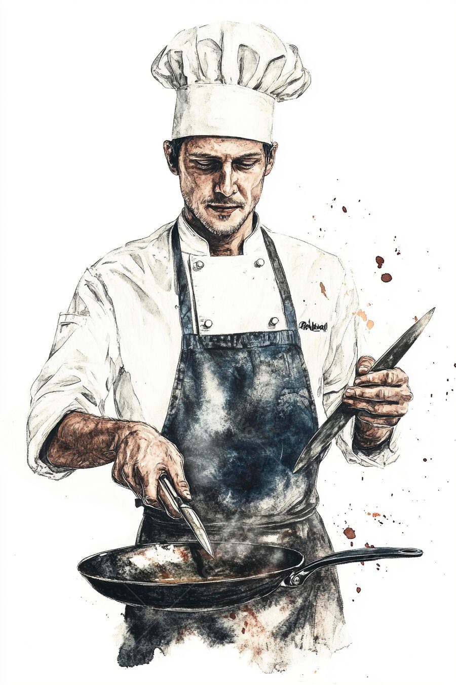 Chef homem concentrado cozinha com faca e frigideira estilo arte digital