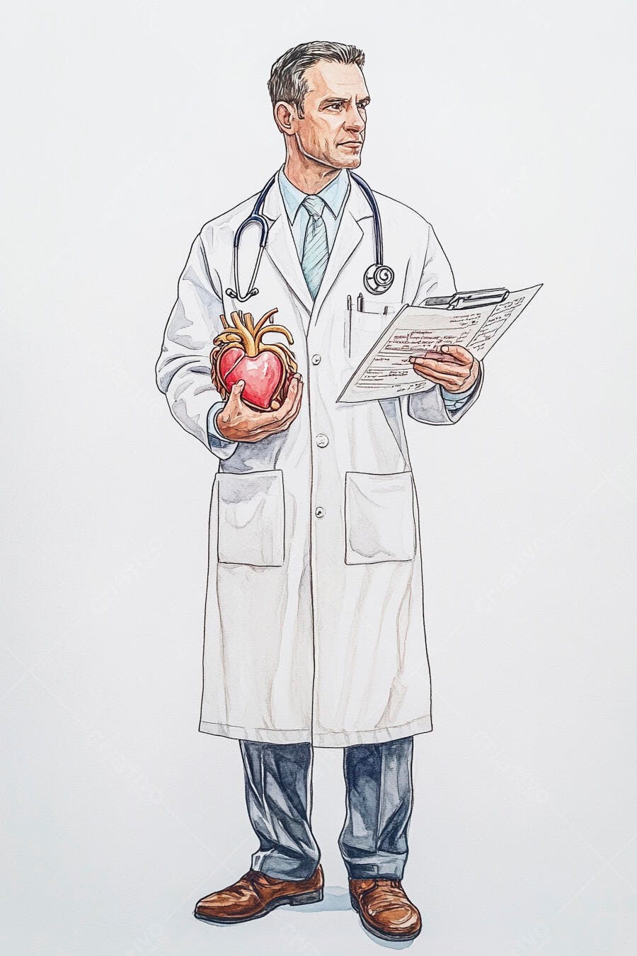 Médico cardiologista caucasiano com coração anatômico e prontuário em fundo branco