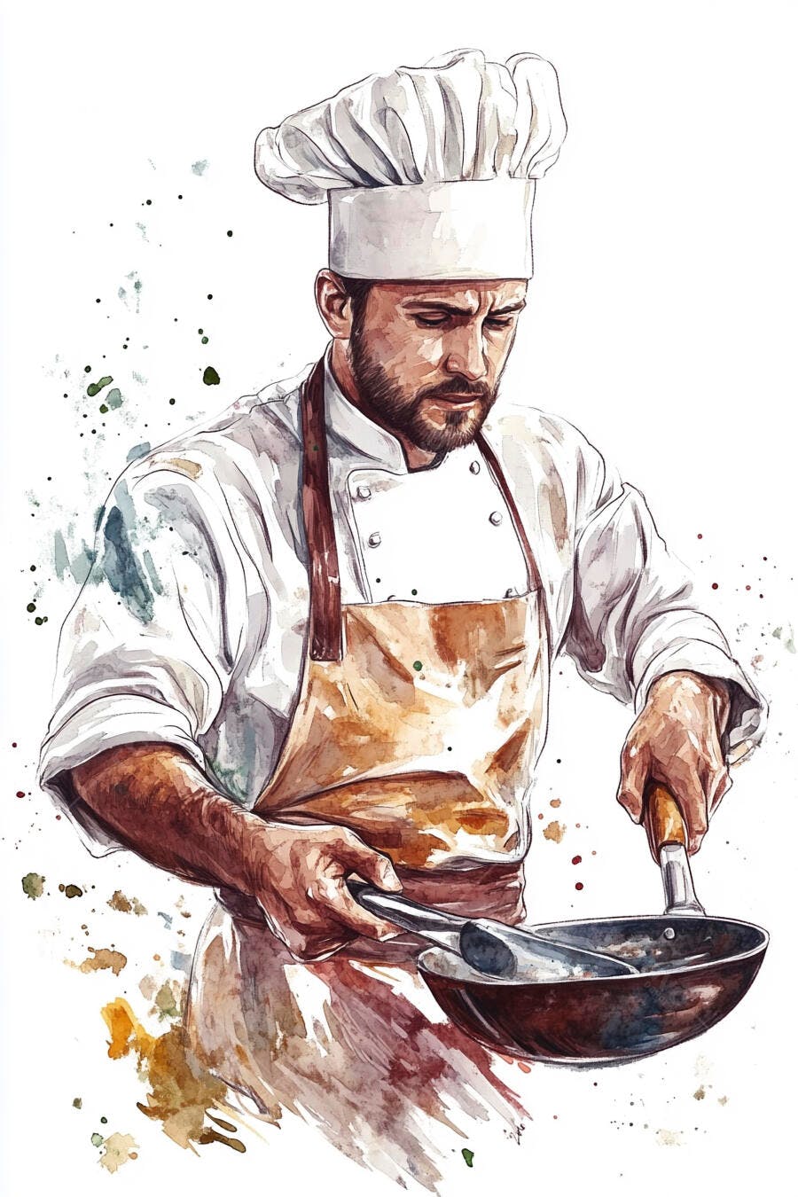 Jovem chef masculino barbudo cozinhando com panela e pinça em aquarela vibrante