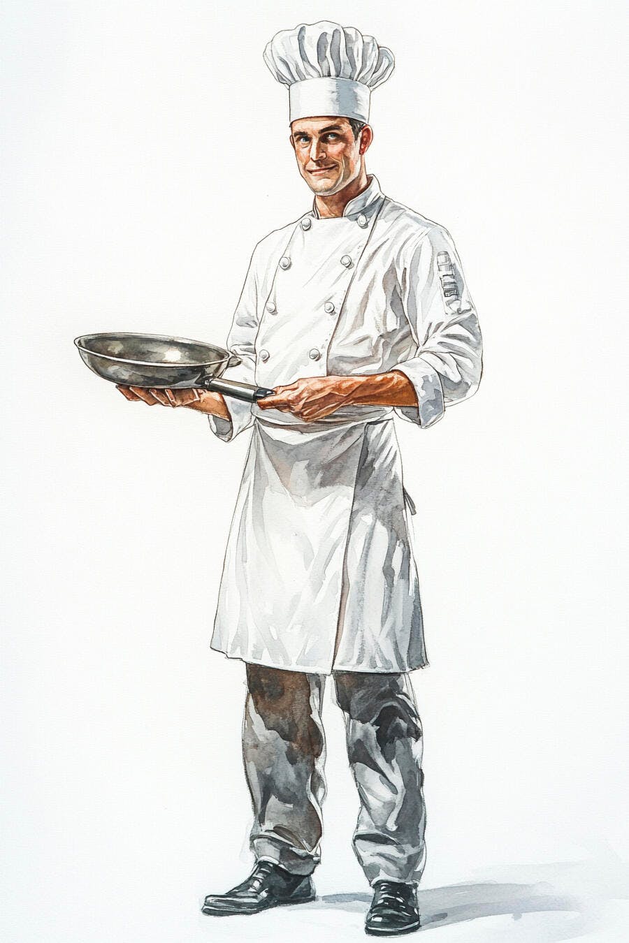 Chef sorridente em uniforme branco segurando frigideira profissional