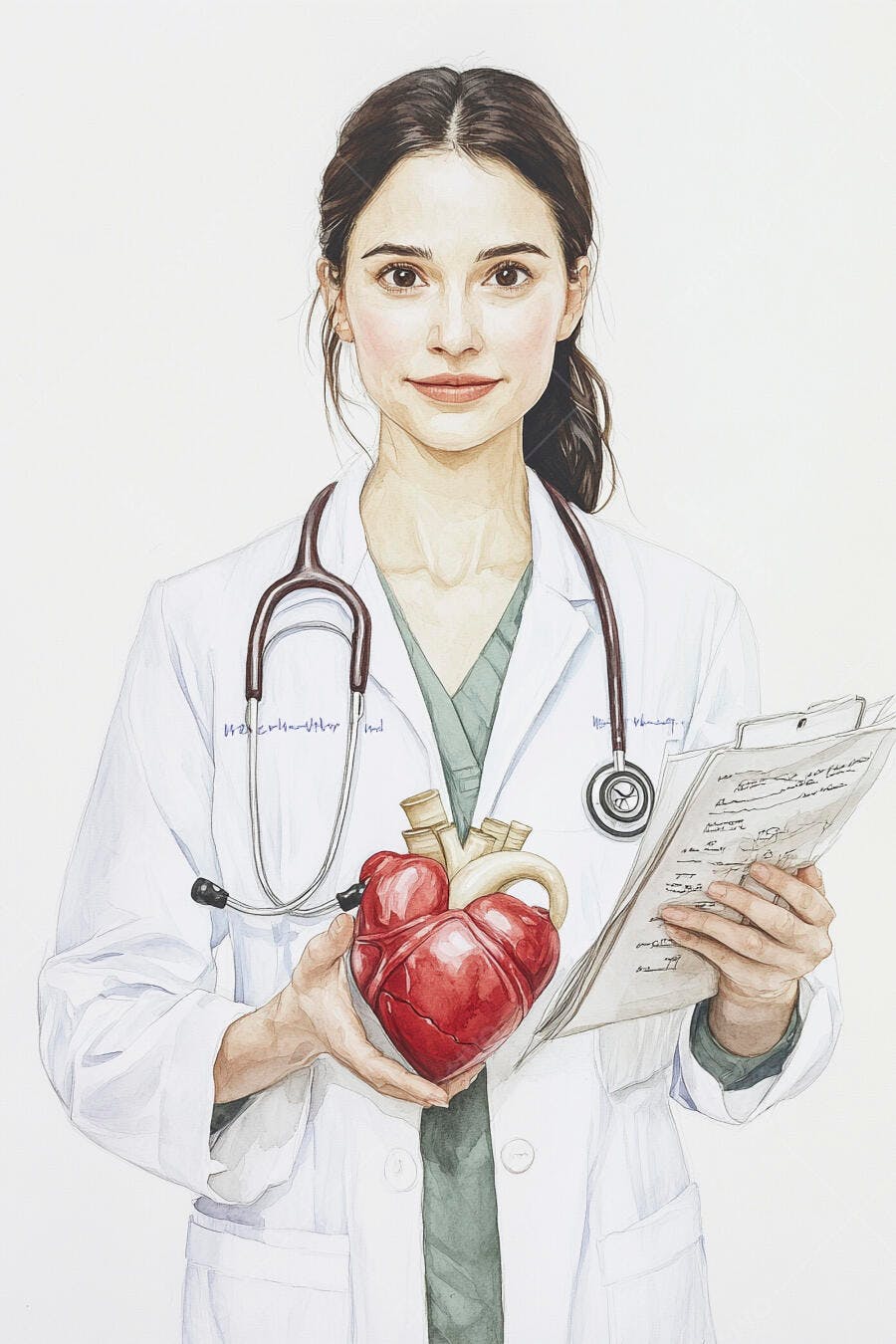 Mulher médica segurando coração anatômico e prontuário ilustração