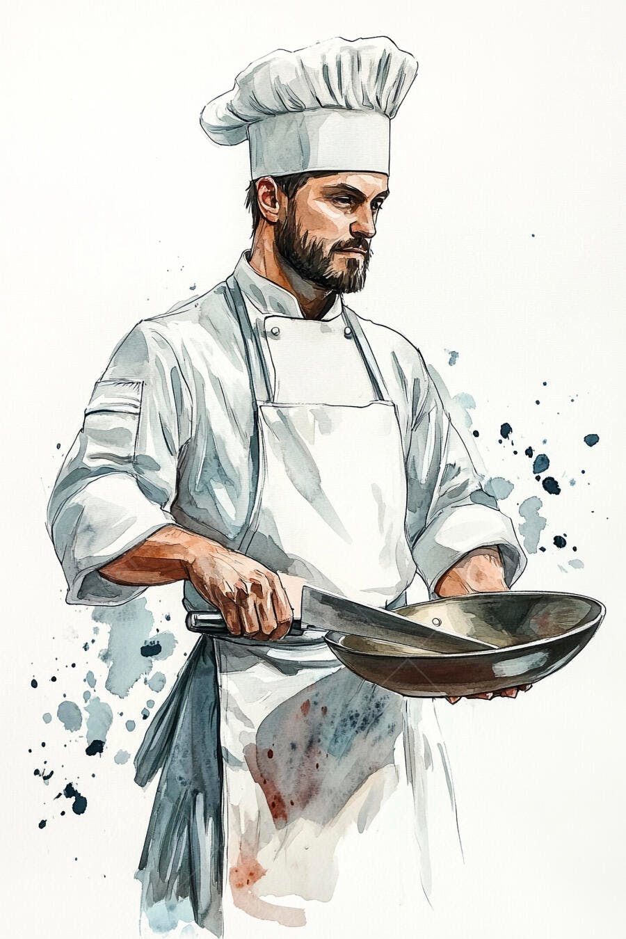 Chef barbudo caucasiano com frigideira em arte aquarela profissional