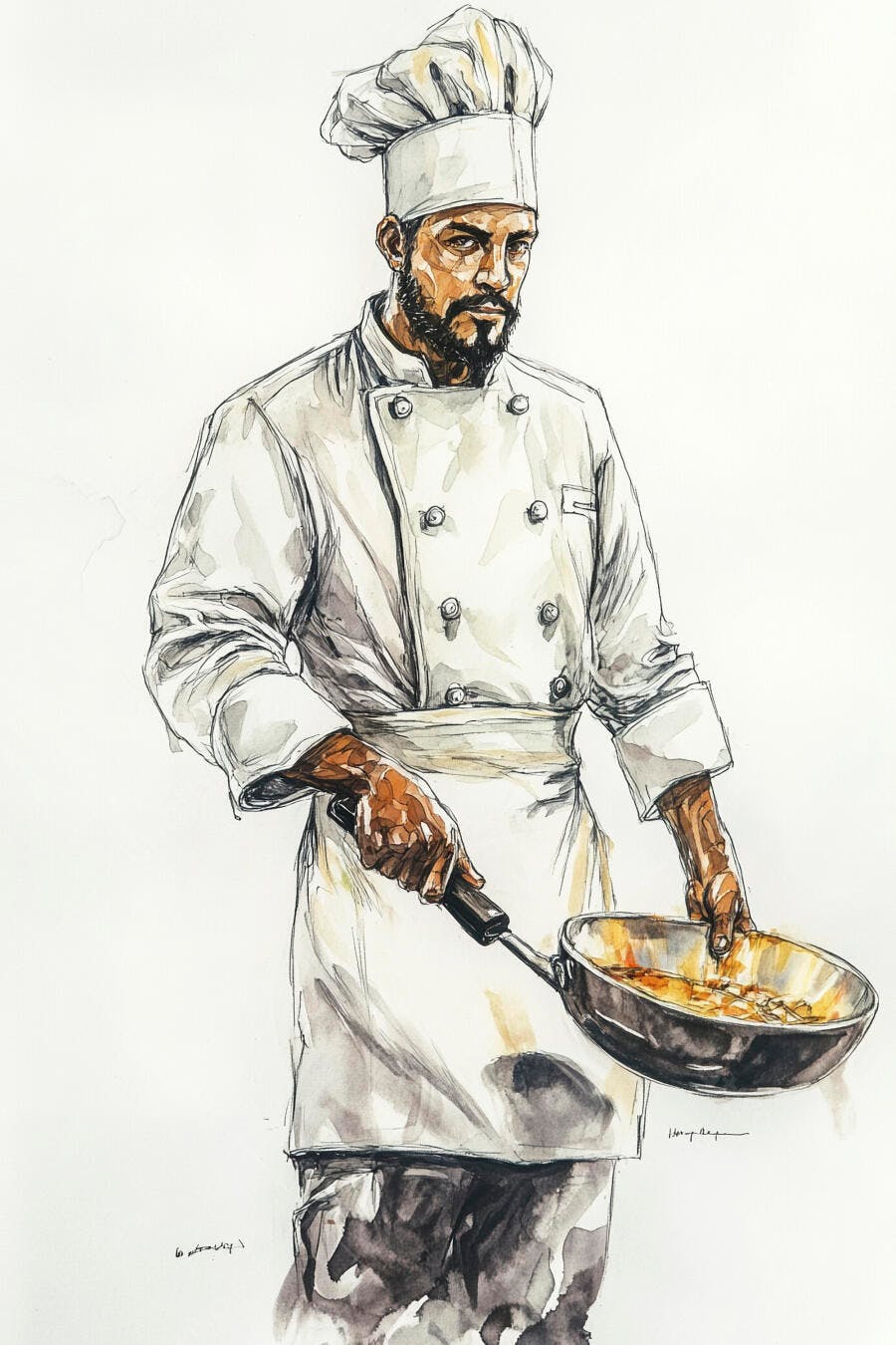 Chef de cozinha masculino pardo com barba segurando frigideira com comida