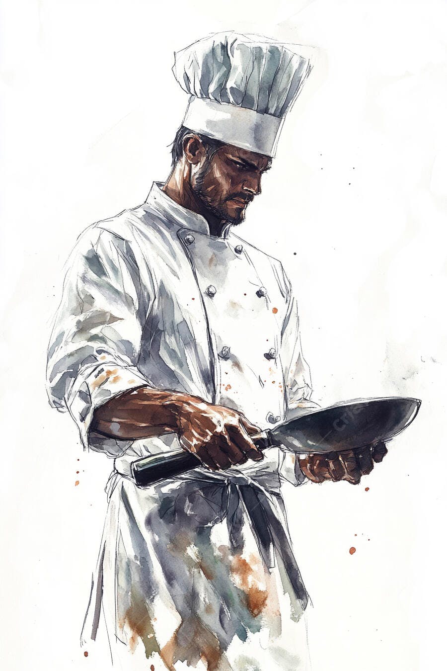 Chef homem moreno concentrado com frigideira em pintura aquarela