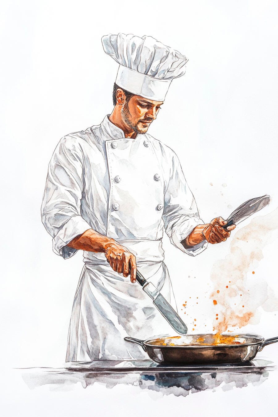 Chef masculino de branco cozinhando em panela com espátula e pinça