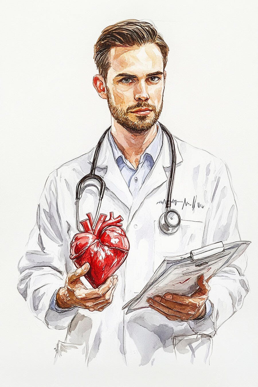 Médico cardiologista homem com jaleco branco segurando coração e ficha médica em aquarela