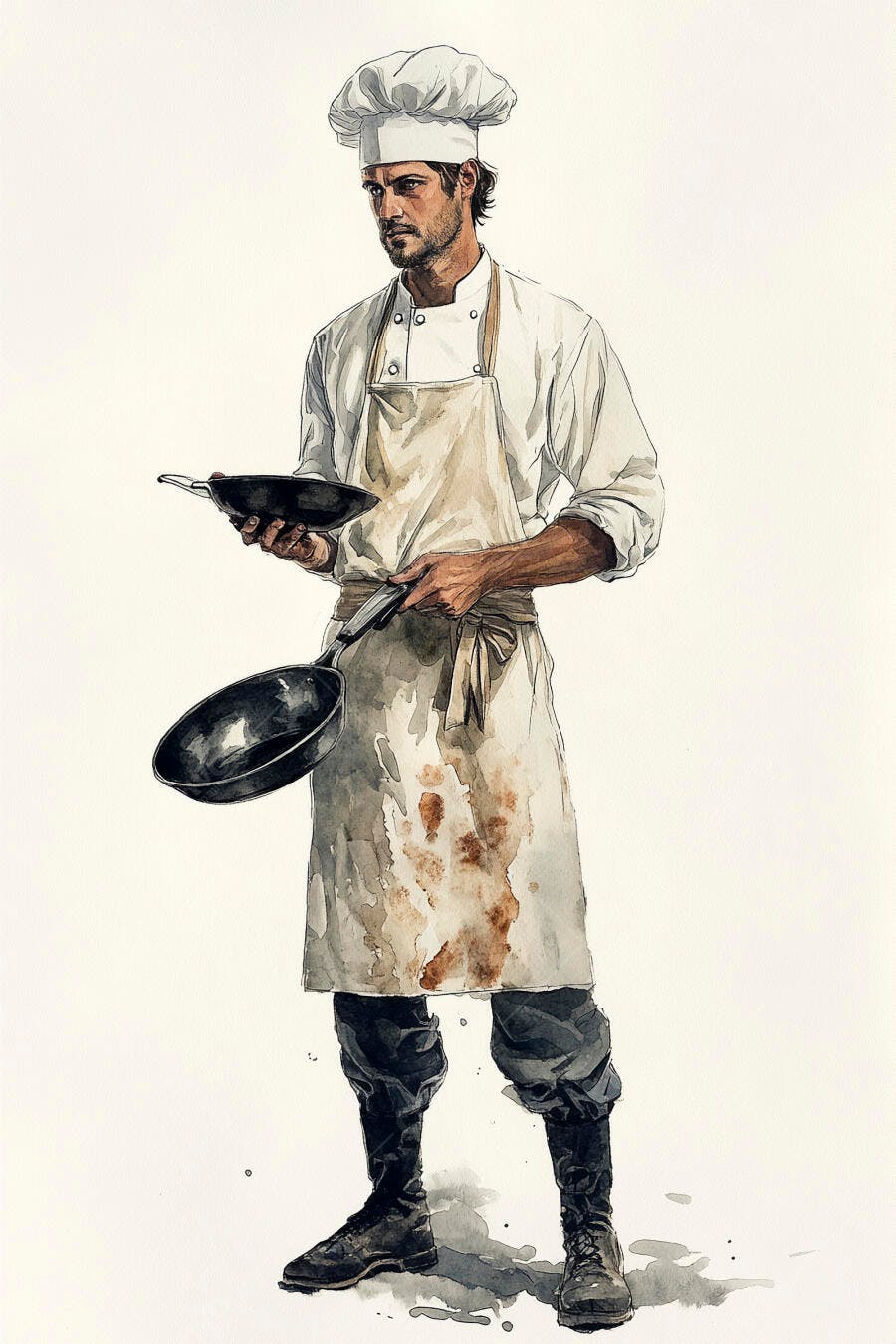 Chef masculino caucasiano com avental sujo segurando frigideiras estilo aquarela