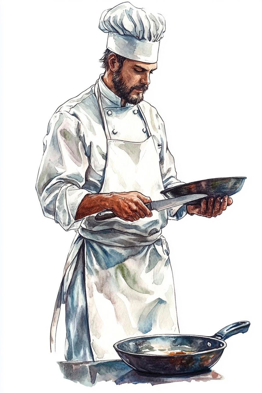Chef masculino barbudo preparando alimento com frigideira aquarela