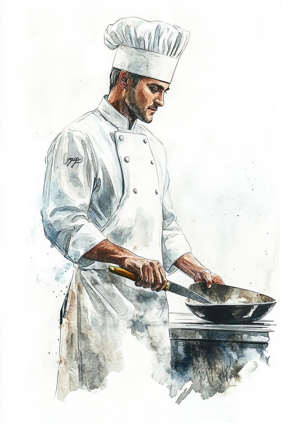 Chef homem preparando comida com faca e panela ilustração aquarela profissional