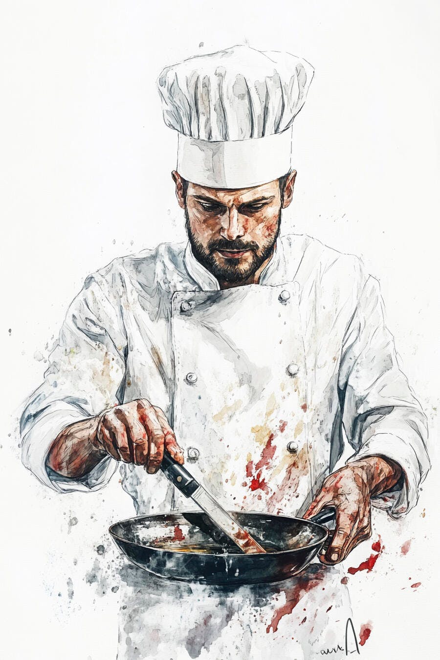 Chef barbudo focado com uniforme branco em pintura aquarela cozinhando