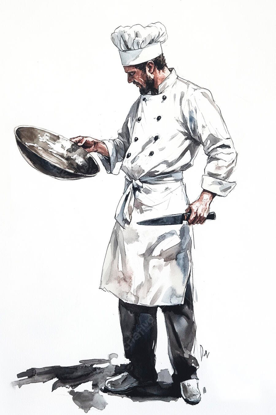 Chef homem barbudo segurando frigideira e faca ilustração aquarela