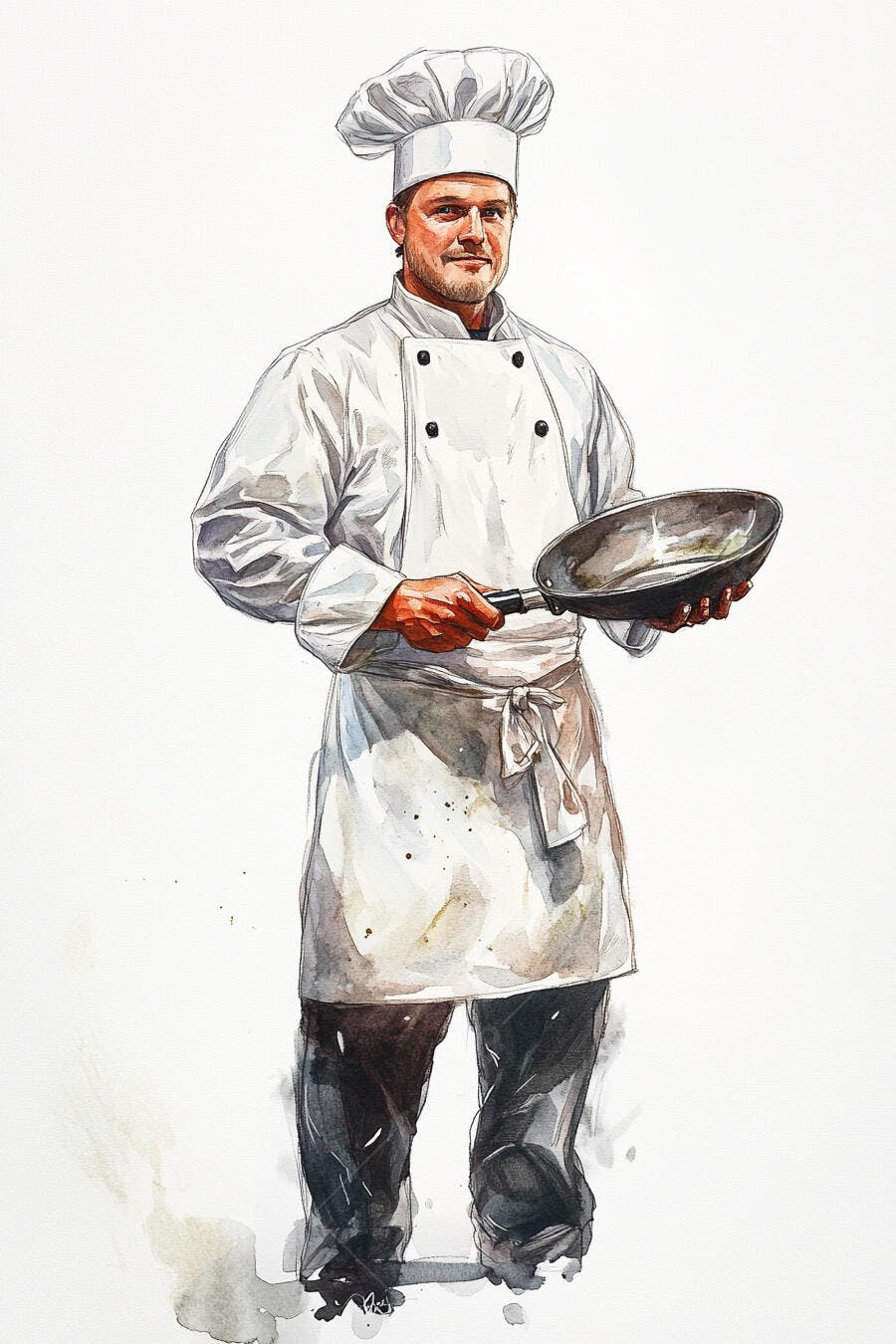 Chef sorridente com uniforme branco segurando frigideira ilustração aquarela