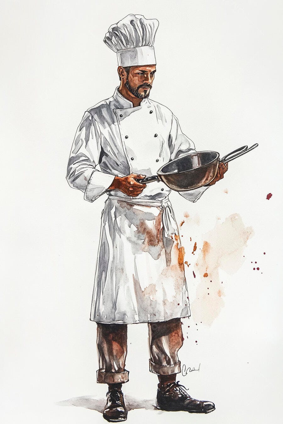 Chef homem barbudo segurando frigideira com avental manchado aquarela profissional
