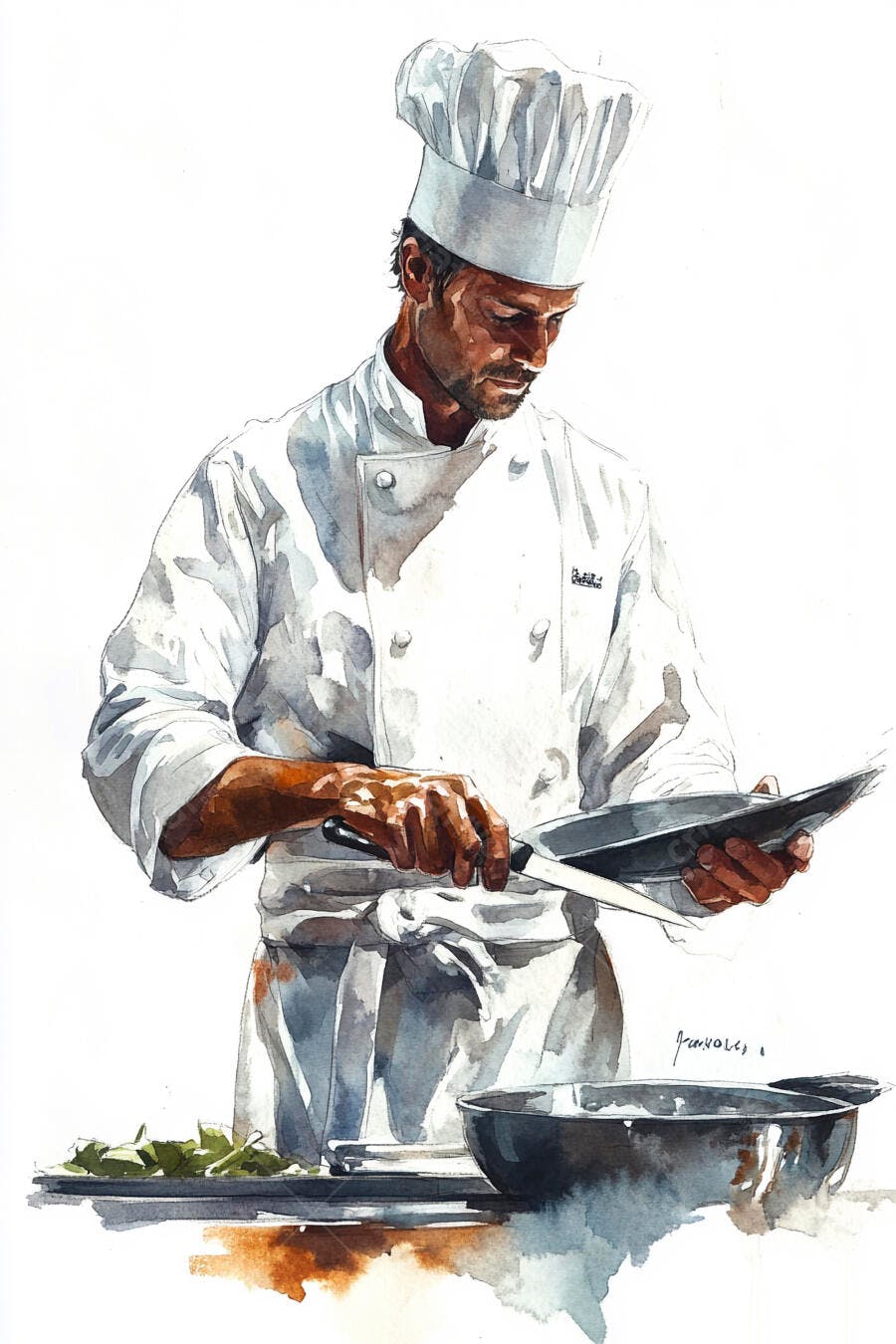 Chef moreno em uniforme branco com panela e faca aquarela