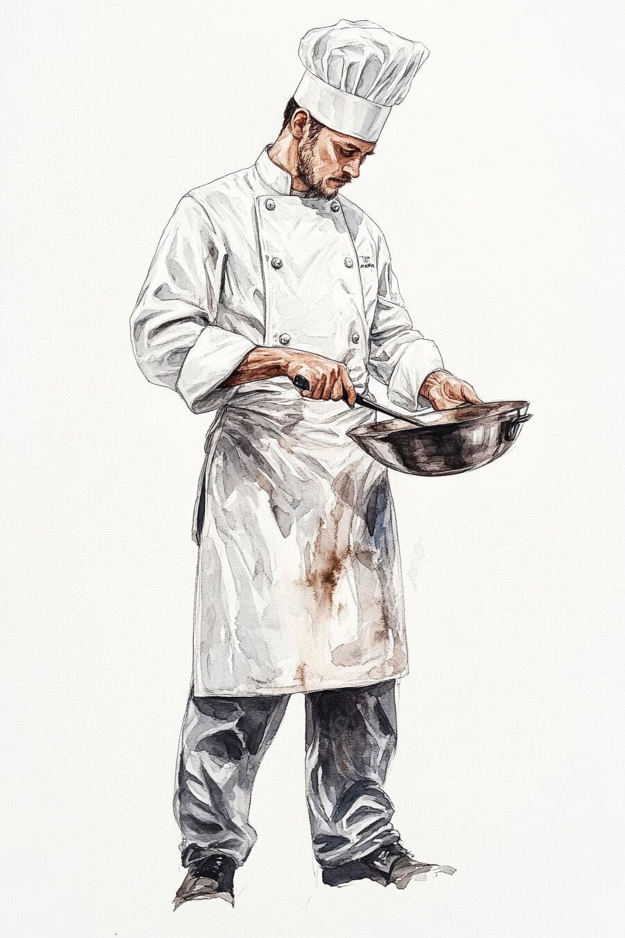 Chef masculino caucasiano concentrado cozinhando com frigideira aquarela