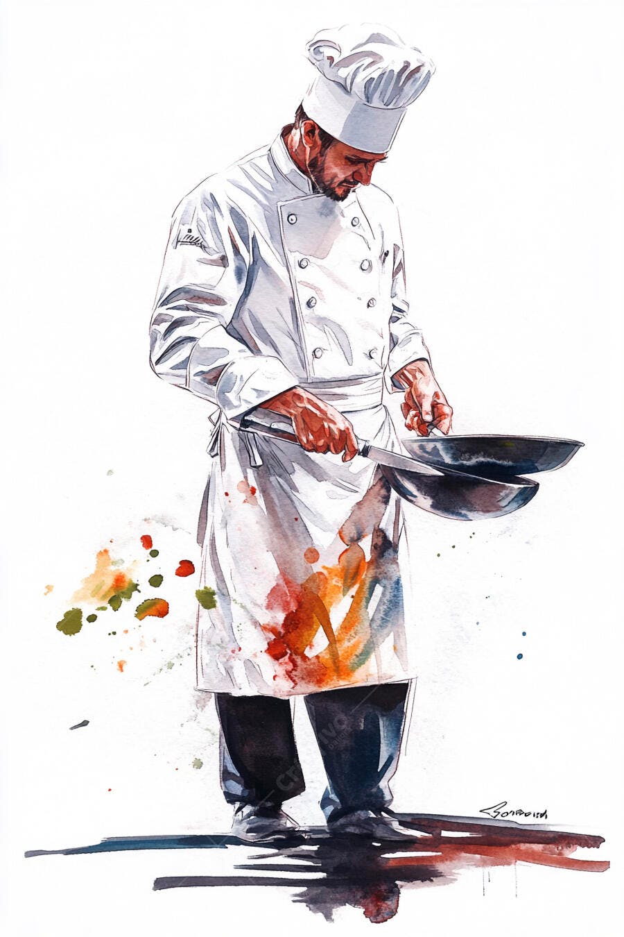 Chef homem barbudo em uniforme branco mexendo panelas com respingos de tinta