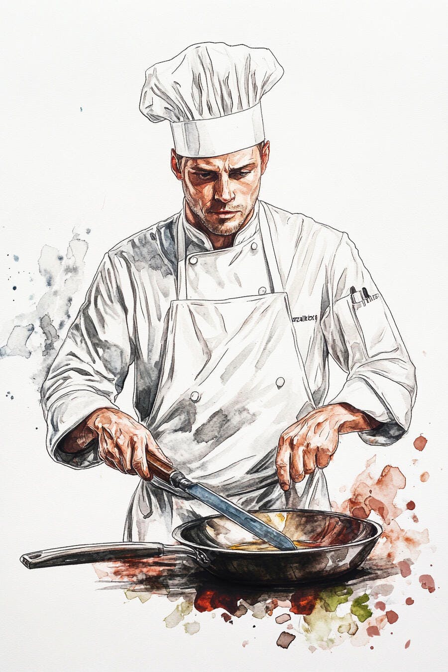Chef homem caucasiano concentrado cozinhando com faca em frigideira ilustração aquarela