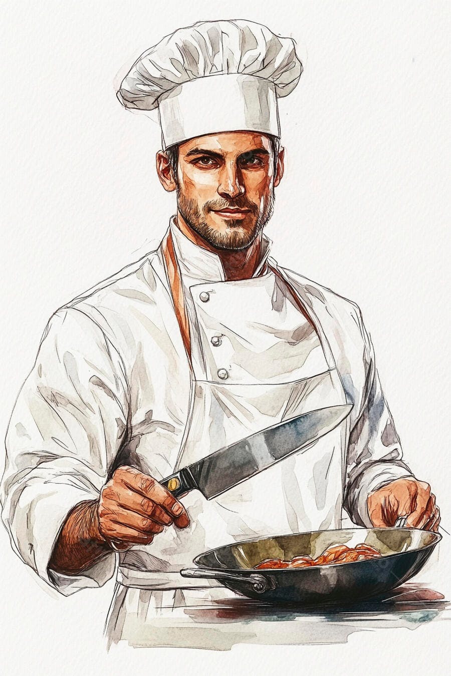 Chef homem mediterrâneo profissional com faca e panela aquarela