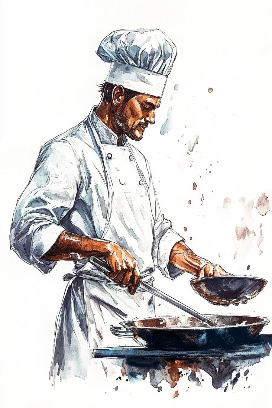 Chef masculino de barba cozinhando com panela em arte aquarela