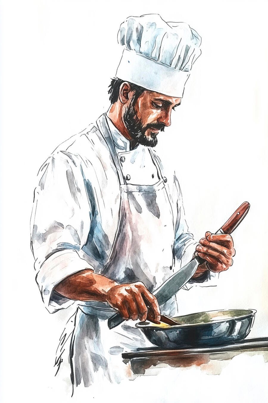 Chef homem barbudo cozinhando com panela e faca estilo aquarela