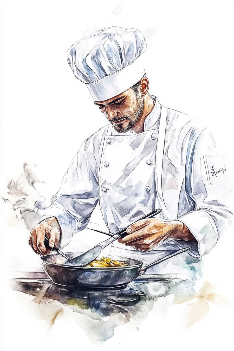 Chef homem barbudo cozinhando em panela estilo aquarela
